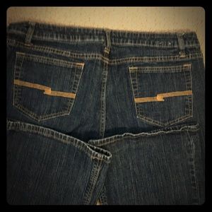 17 long, wide leg, dark stretch denim jeans